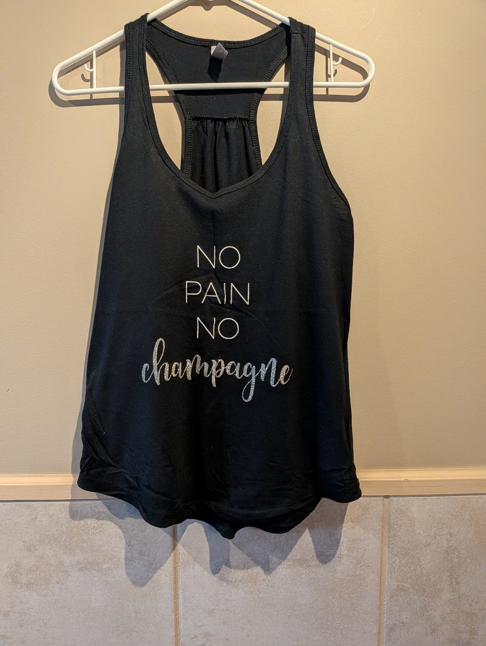 No Pain No Champagne Black Racerback Tank, Silver Glitter Accent, Size L